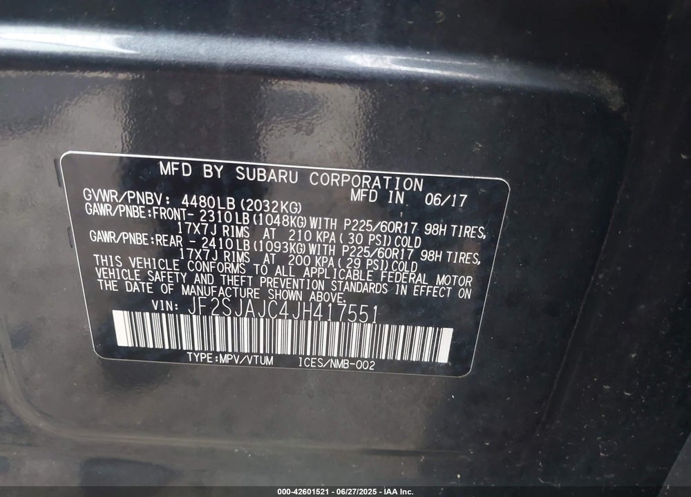 2018 SUBARU FORESTER VIN: JF2SJAJC4JH417551