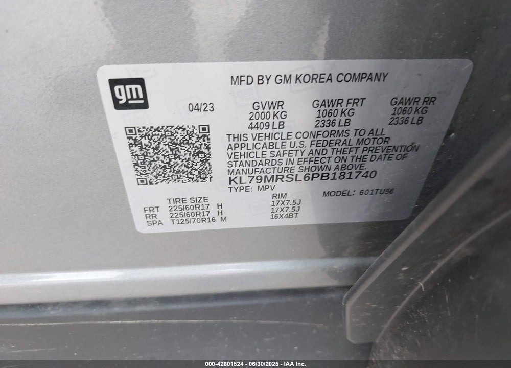 2023 CHEVROLET TRAILBLAZER VIN: KL79MRSL6PB181740