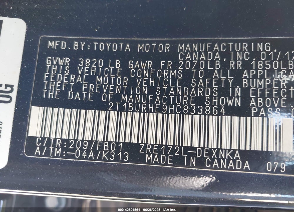 2017 TOYOTA COROLLA VIN: 2T1BURHE9HC833864