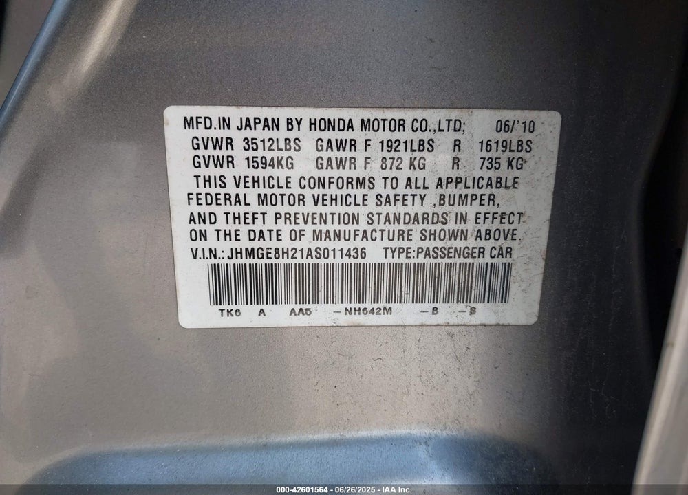 2010 HONDA FIT VIN: JHMGE8H21AS011436
