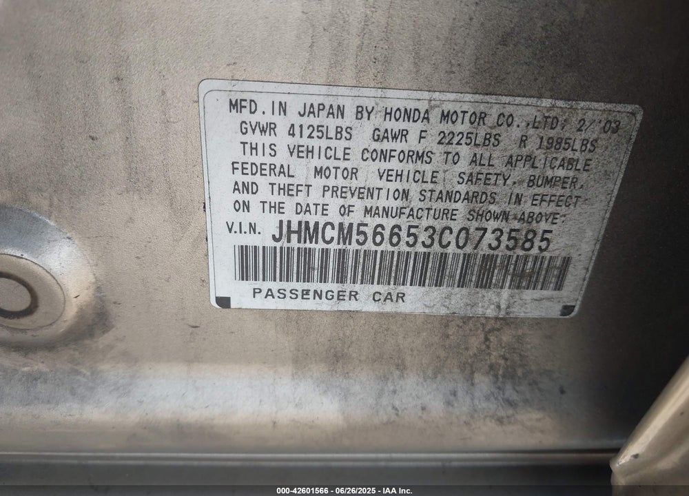 2003 HONDA ACCORD 2.4 EX VIN: JHMCM56653C073585