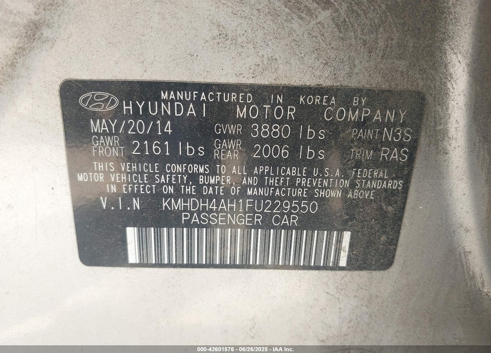 2015 HYUNDAI ELANTRA VIN: KMHDH4AH1FU229550