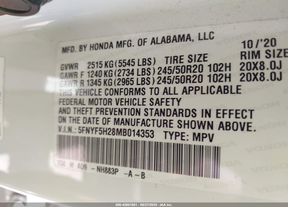 2021 HONDA PILOT VIN: 5FNYF5H28MB014353