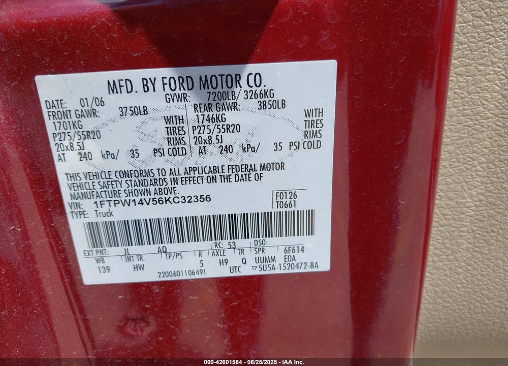 2006 FORD F-150 VIN: 1FTPW14V56KC32356