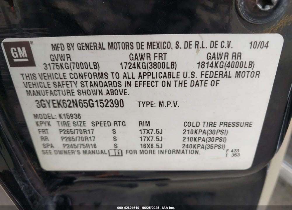 2005 CADILLAC ESCALADE EXT STANDARD VIN: 3GYEK62N65G152390