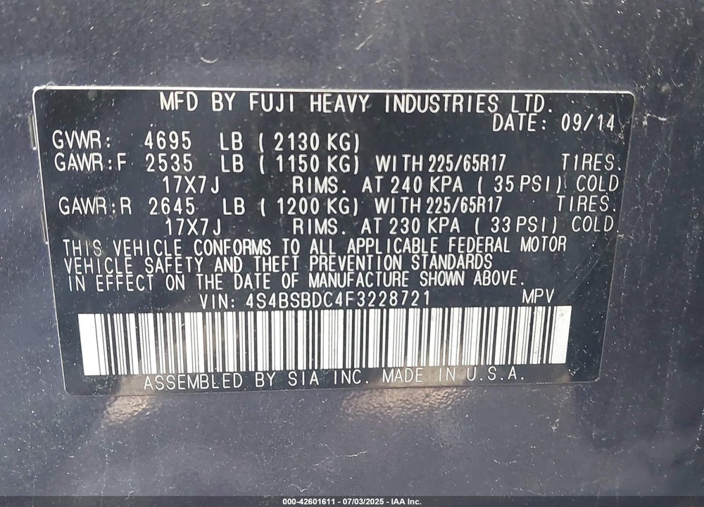2015 SUBARU OUTBACK VIN: 4S4BSBDC4F3228721