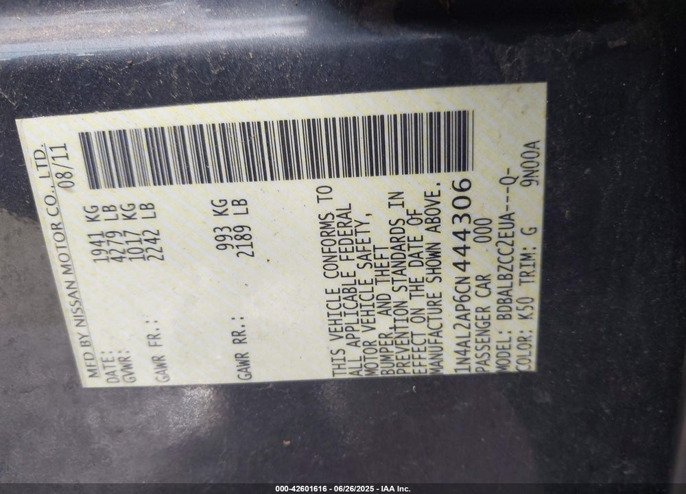 2012 NISSAN ALTIMA VIN: 1N4AL2AP6CN444306