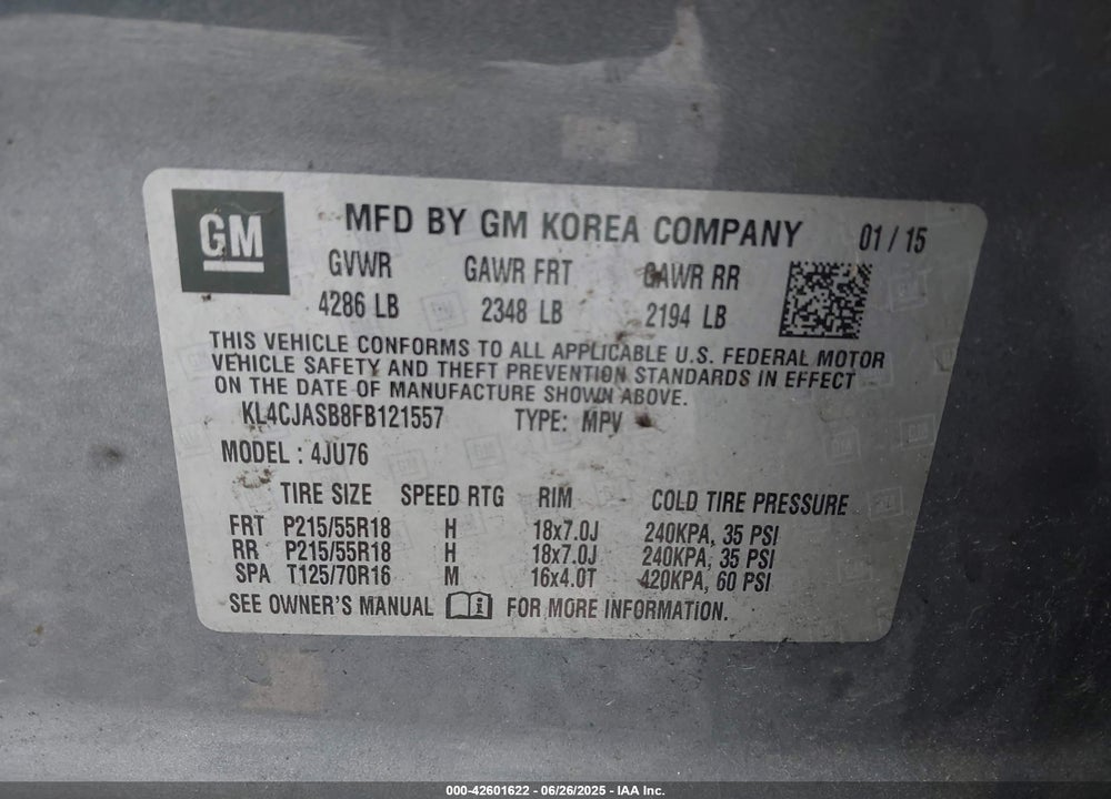 2015 BUICK ENCORE VIN: KL4CJASB8FB121557