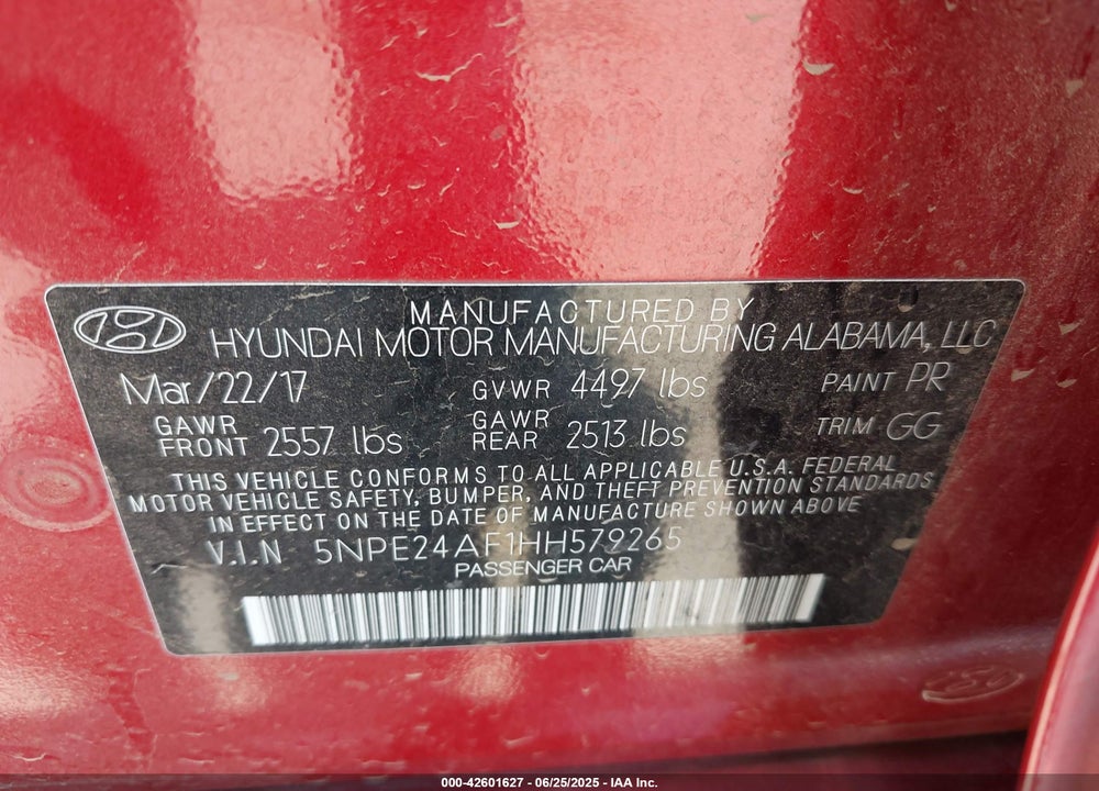 2017 HYUNDAI SONATA VIN: 5NPE24AF1HH579265