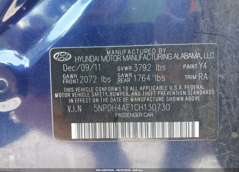2012 HYUNDAI ELANTRA VIN: 5NPDH4AE1CH130730