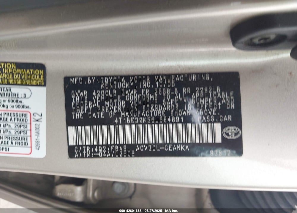 2006 TOYOTA CAMRY VIN: 4T1BE32K56U684891