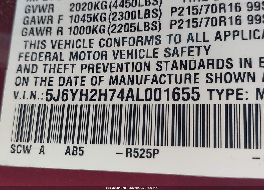 2010 HONDA ELEMENT VIN: 5J6YH2H74AL001655