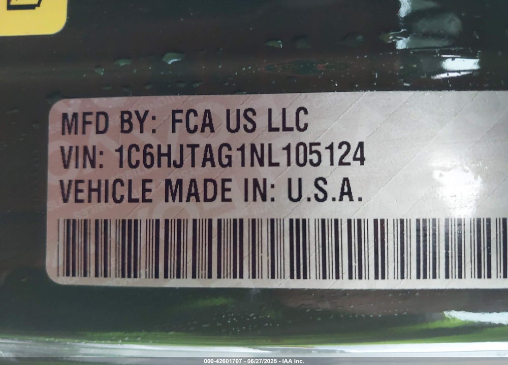 2022 JEEP GLADIATOR VIN: 1C6HJTAG1NL105124