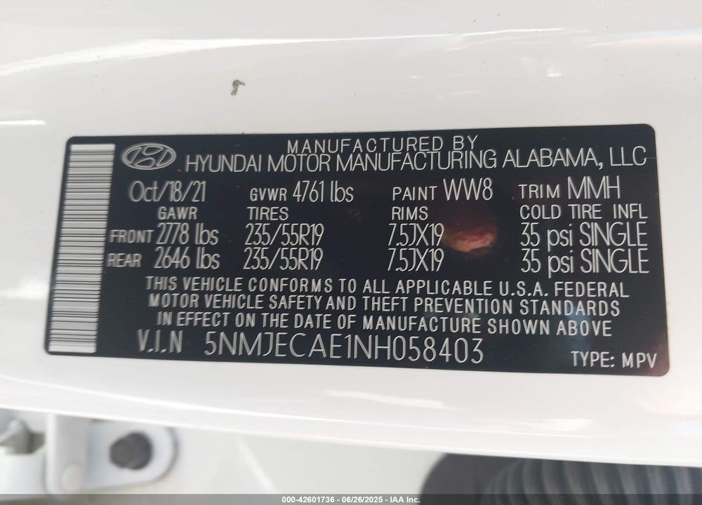 2022 HYUNDAI TUCSON VIN: 5NMJECAE1NH058403