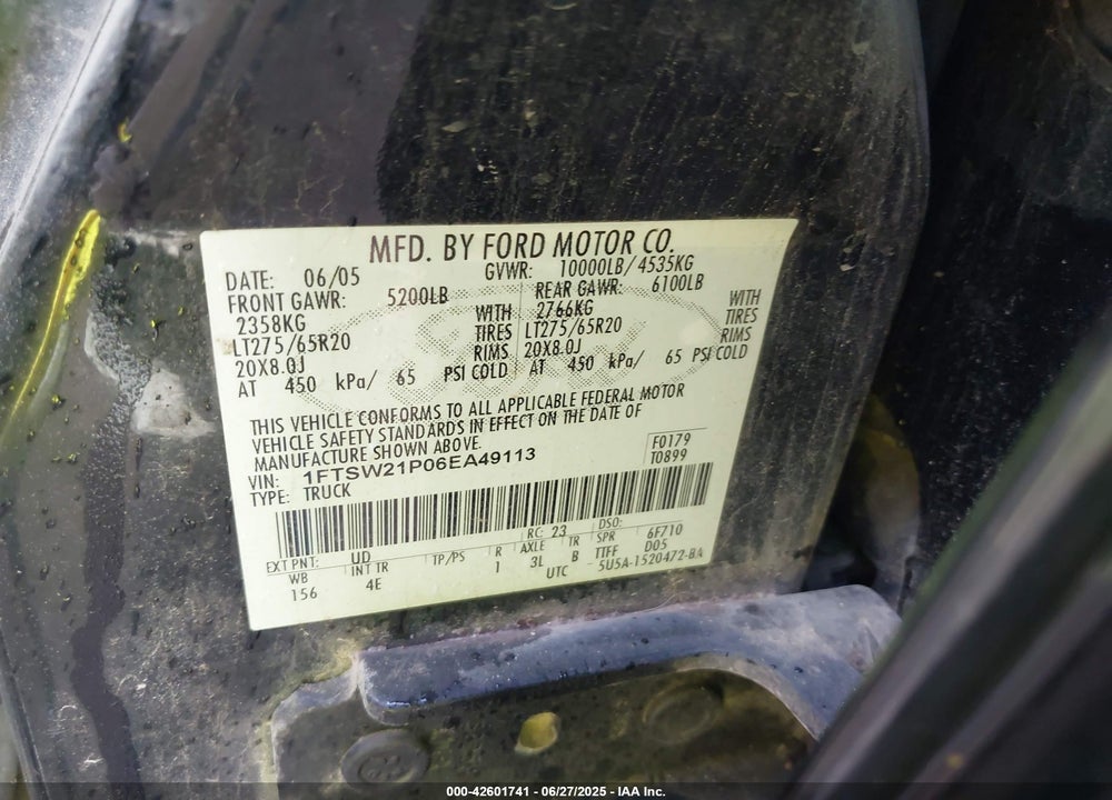 2006 FORD F-250 VIN: 1FTSW21P06EA49113