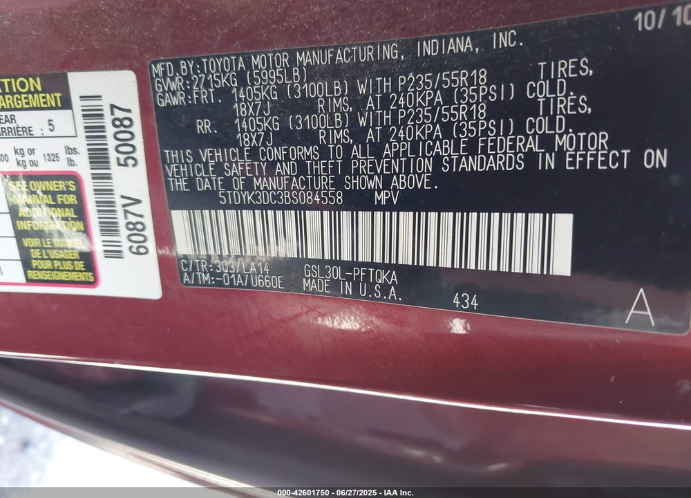 2011 TOYOTA SIENNA LIMITED V6 VIN: 5TDYK3DC3BS084558
