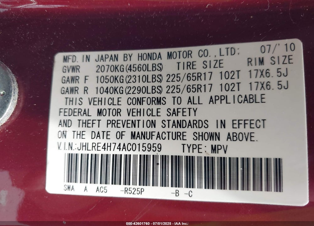 2010 HONDA CR-V VIN: JHLRE4H74AC015959