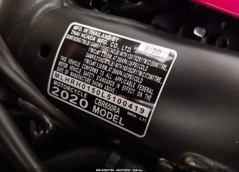 2020 HONDA CBR650 RA VIN: MLHRH0150L5100419