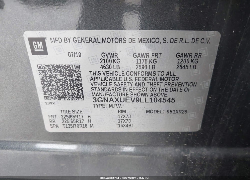 2020 CHEVROLET EQUINOX VIN: 3GNAXUEV9LL104545