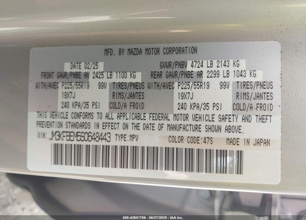 2025 MAZDA CX-5 VIN: JM3KFBEM5S0648443