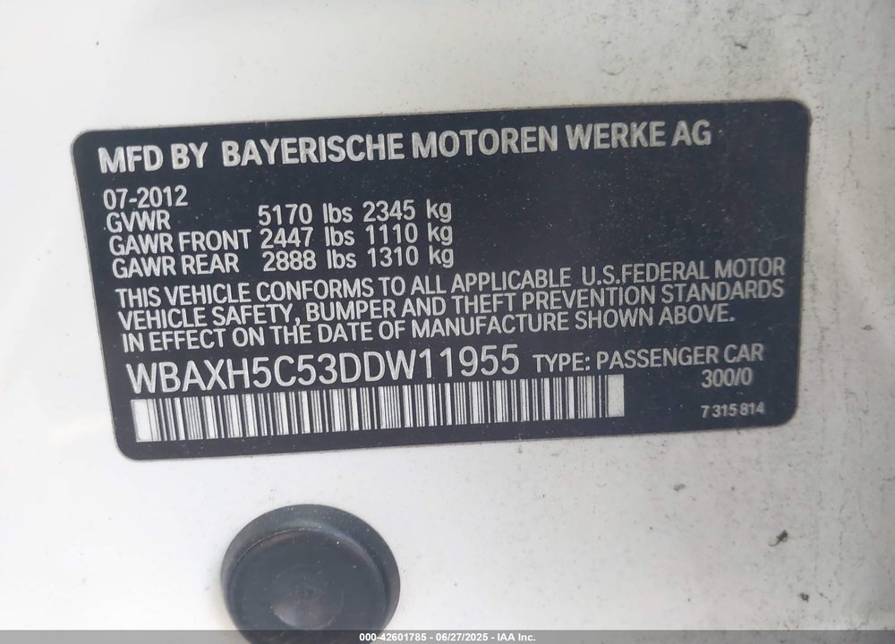 2013 BMW 528I VIN: WBAXH5C53DDW11955