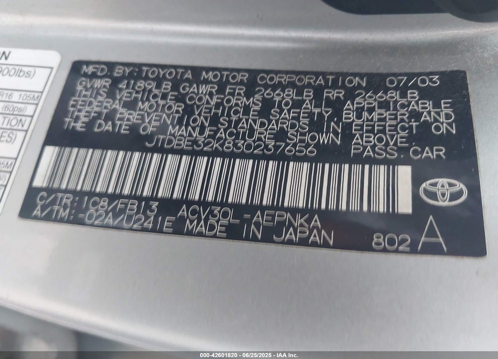 2003 TOYOTA CAMRY LE VIN: JTDBE32K830237656