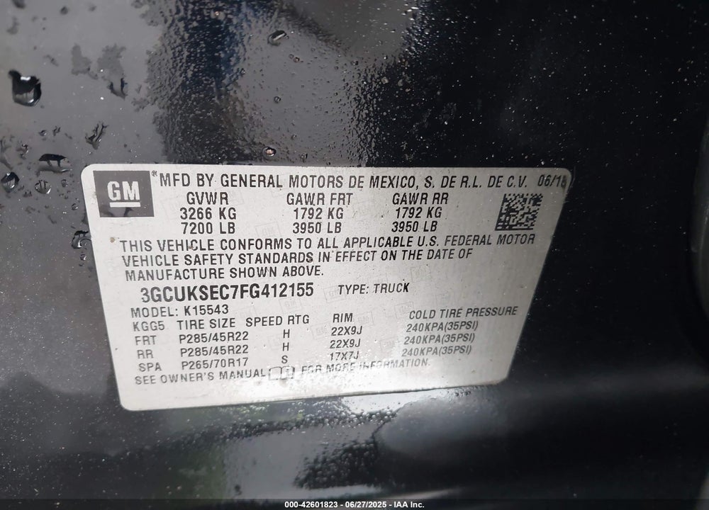 2015 CHEVROLET SILVERADO 1500 2LZ VIN: 3GCUKSEC7FG412155