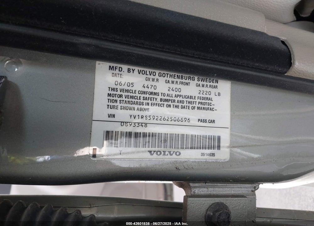 2006 VOLVO S60 VIN: YV1RS592262506696