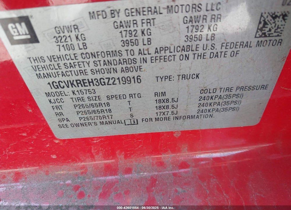 2016 CHEVROLET SILVERADO 1500 1LT VIN: 1GCVKREH3GZ219916