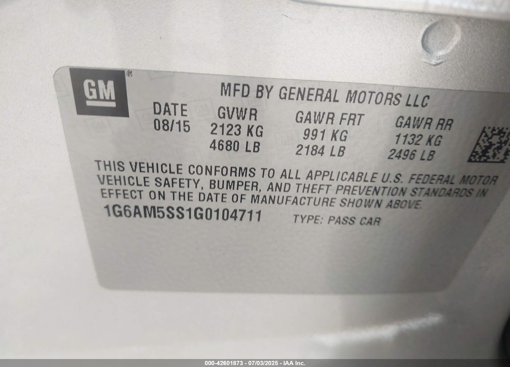 2016 CADILLAC ATS VIN: 1G6AM5SS1G0104711