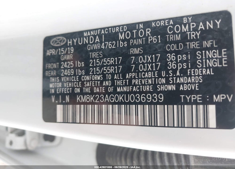 2019 HYUNDAI KONA EV SEL VIN: KM8K23AG0KU036939