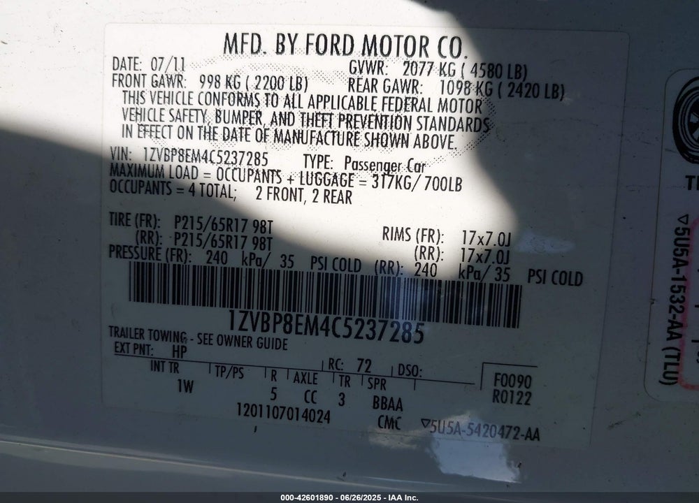 2012 FORD MUSTANG VIN: 1ZVBP8EM4C5237285