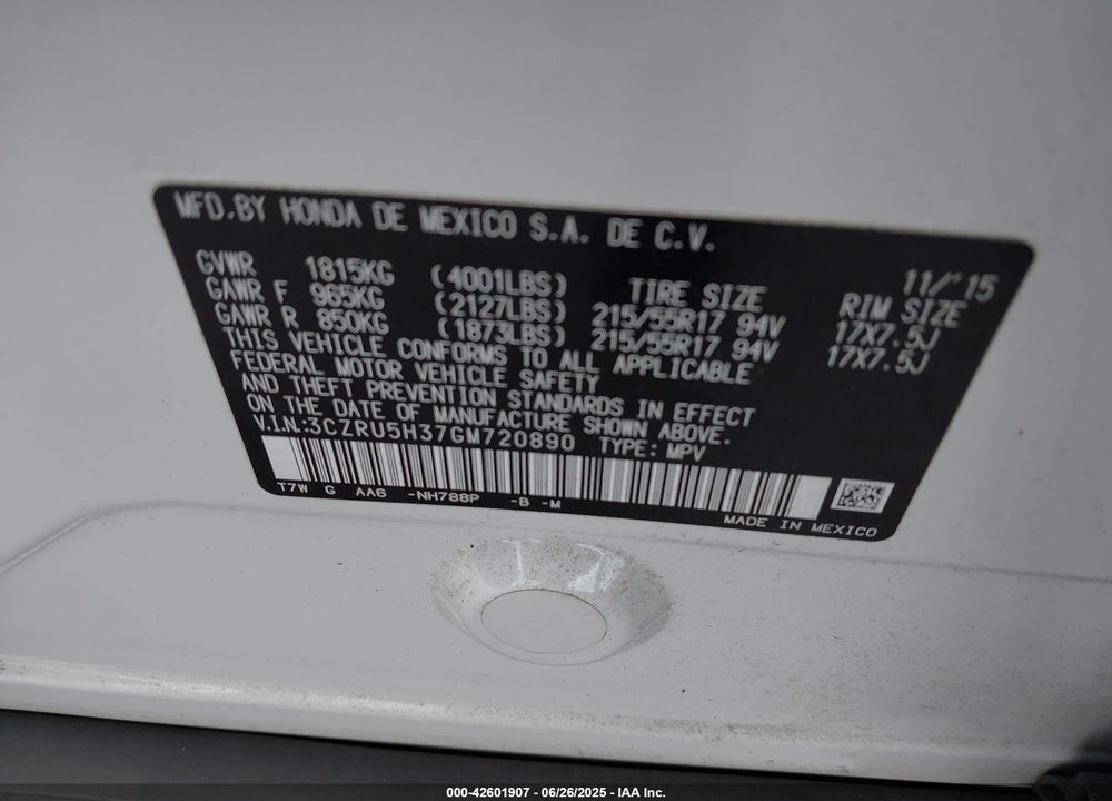 2016 HONDA HR-V VIN: 3CZRU5H37GM720890