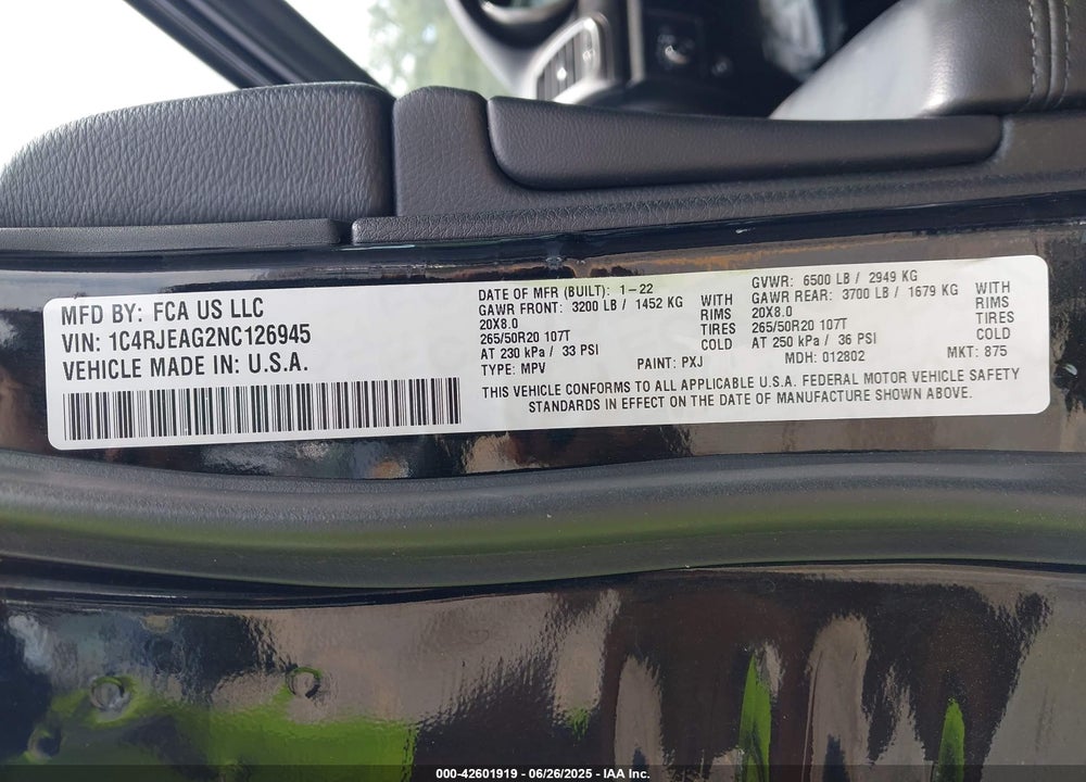 2022 JEEP GRAND CHEROKEE WK VIN: 1C4RJEAG2NC126945