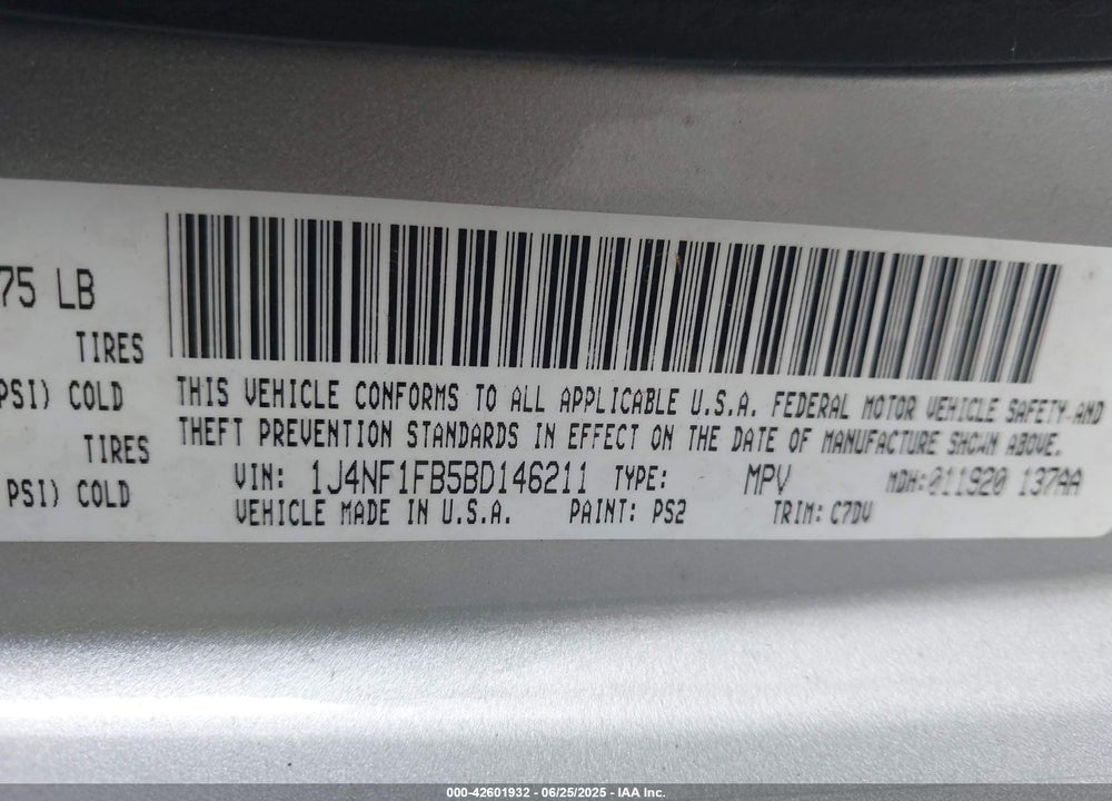 2011 JEEP COMPASS VIN: 1J4NF1FB5BD146211