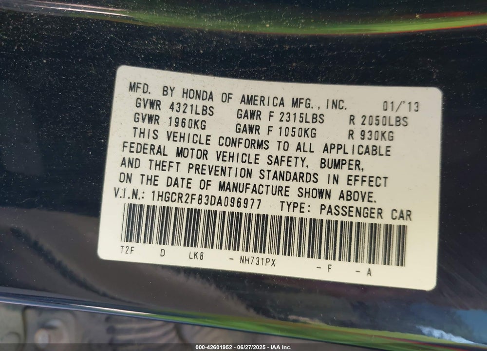 2013 HONDA ACCORD EX-L VIN: 1HGCR2F83DA096977