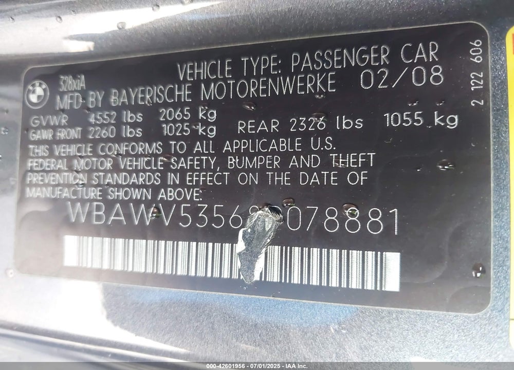 2008 BMW 328XI VIN: WBAWV53568P078881