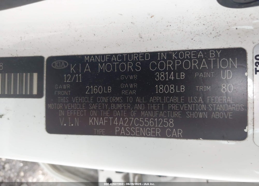 2012 KIA FORTE VIN: KNAFT4A27C5561258