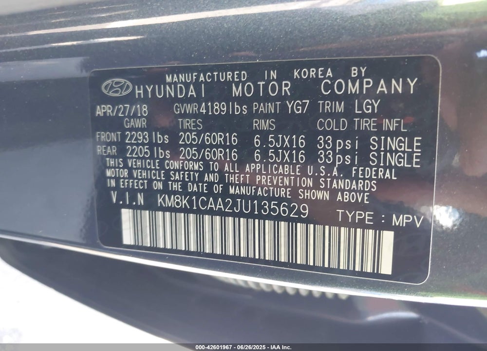 2018 HYUNDAI KONA VIN: KM8K1CAA2JU135629