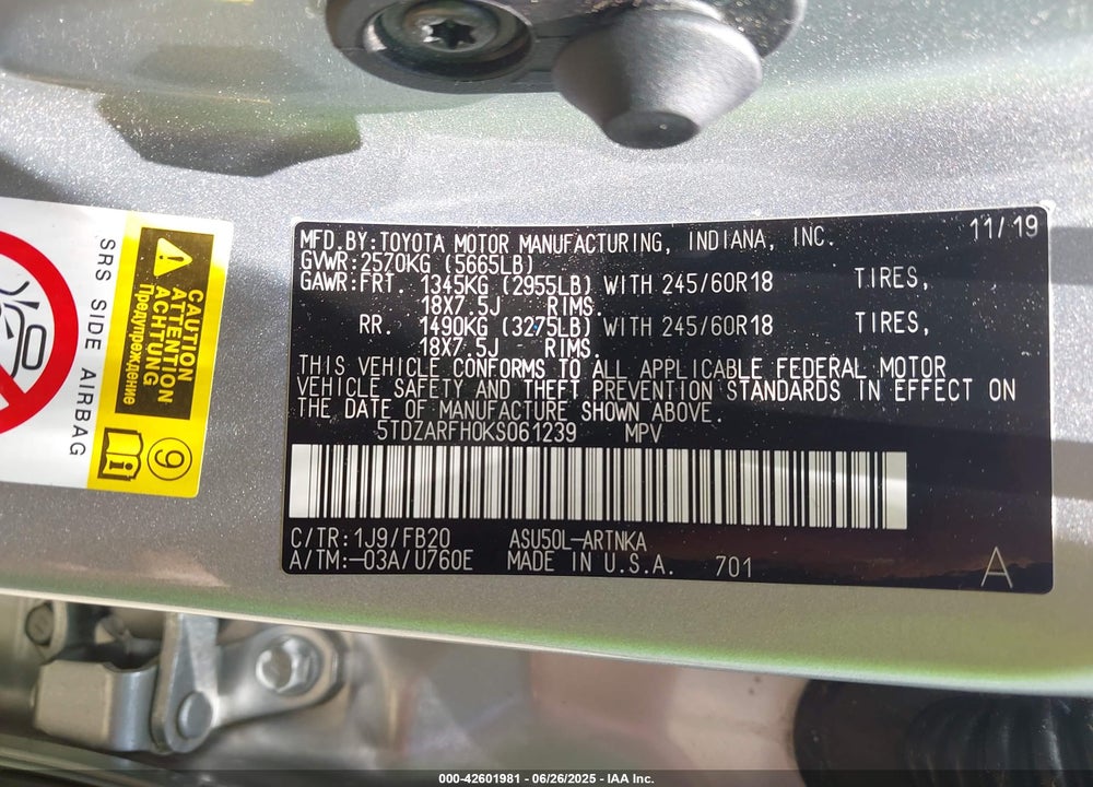 2019 TOYOTA HIGHLANDER LE VIN: 5TDZARFH0KS061239