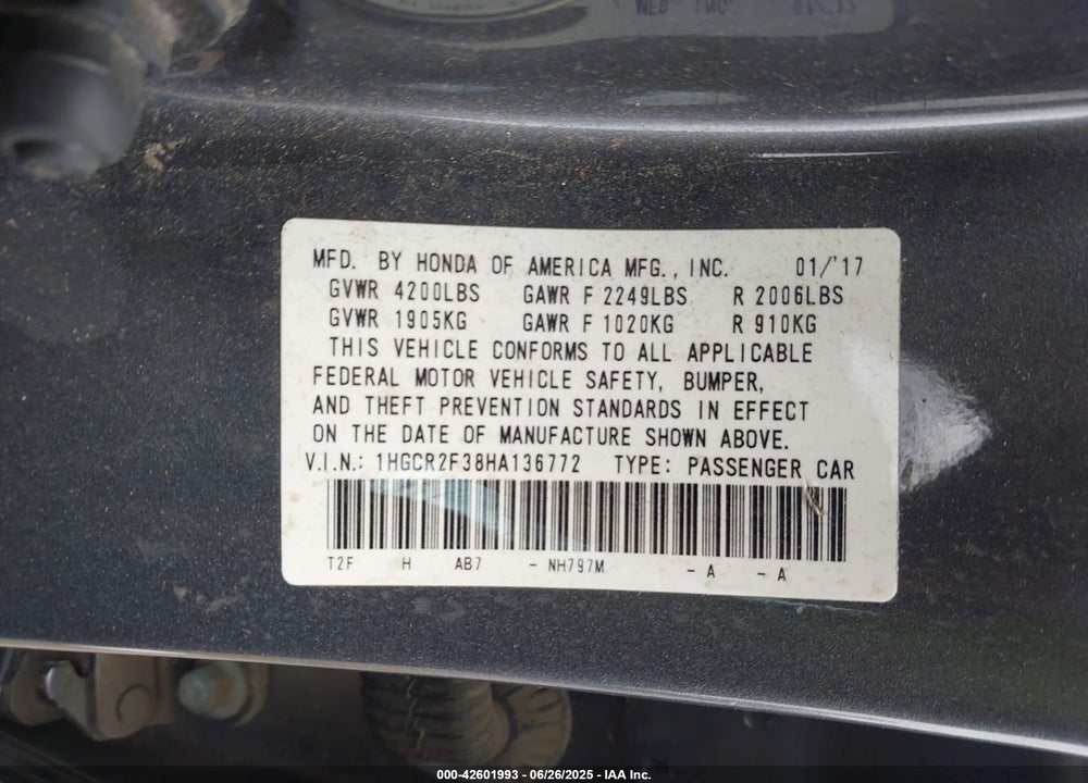 2017 HONDA ACCORD VIN: 1HGCR2F38HA136772