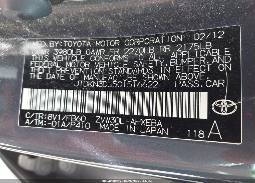 2012 TOYOTA PRIUS VIN: JTDKN3DU5C1516622