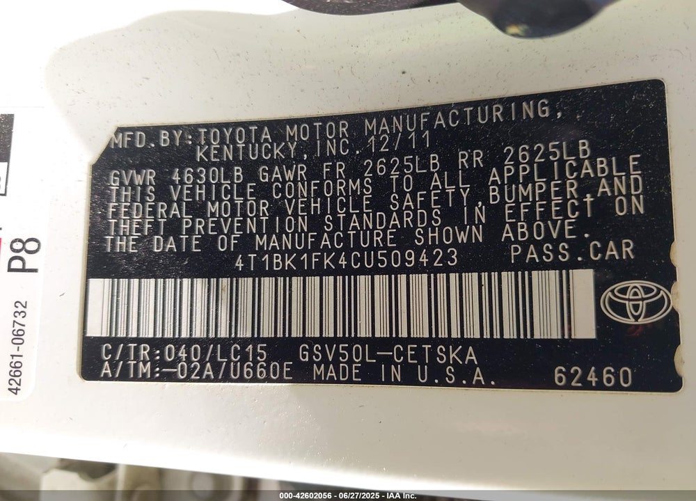 2012 TOYOTA CAMRY VIN: 4T1BK1FK4CU509423
