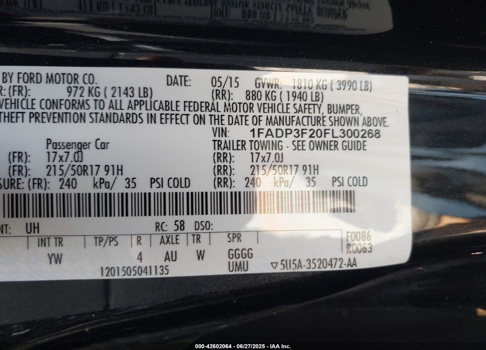 2015 FORD FOCUS VIN: 1FADP3F20FL300268