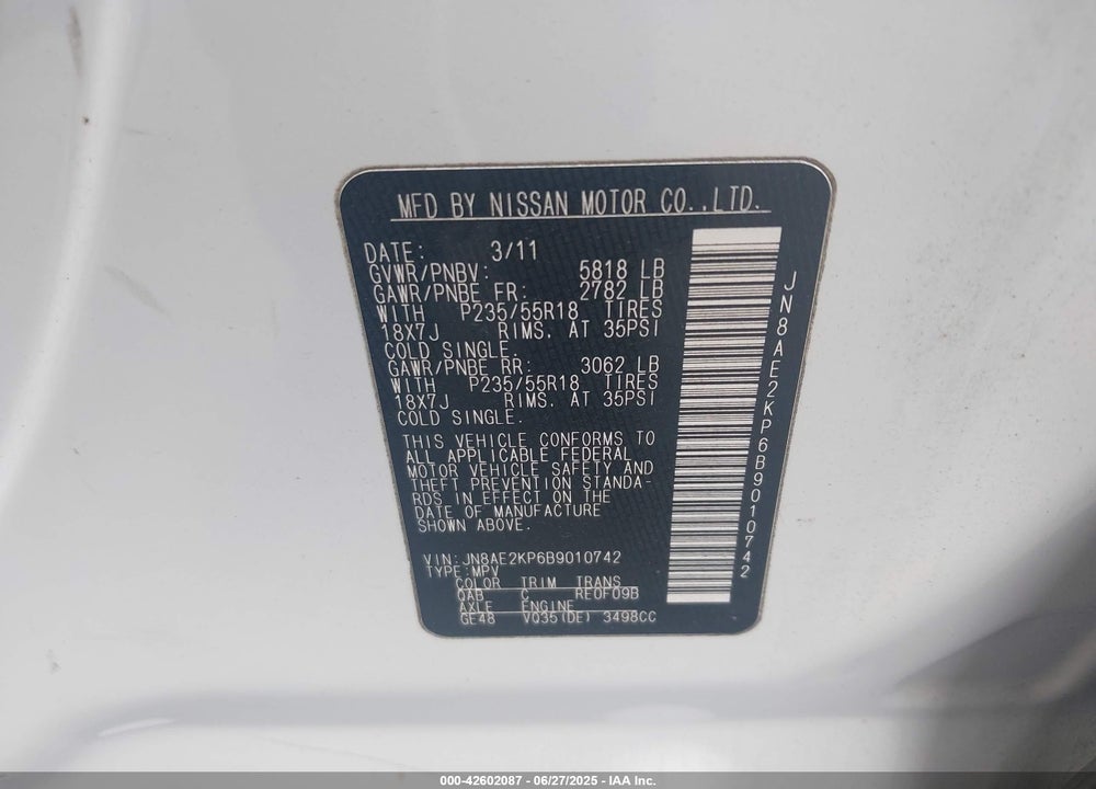 2011 NISSAN QUEST SL VIN: JN8AE2KP6B9010742