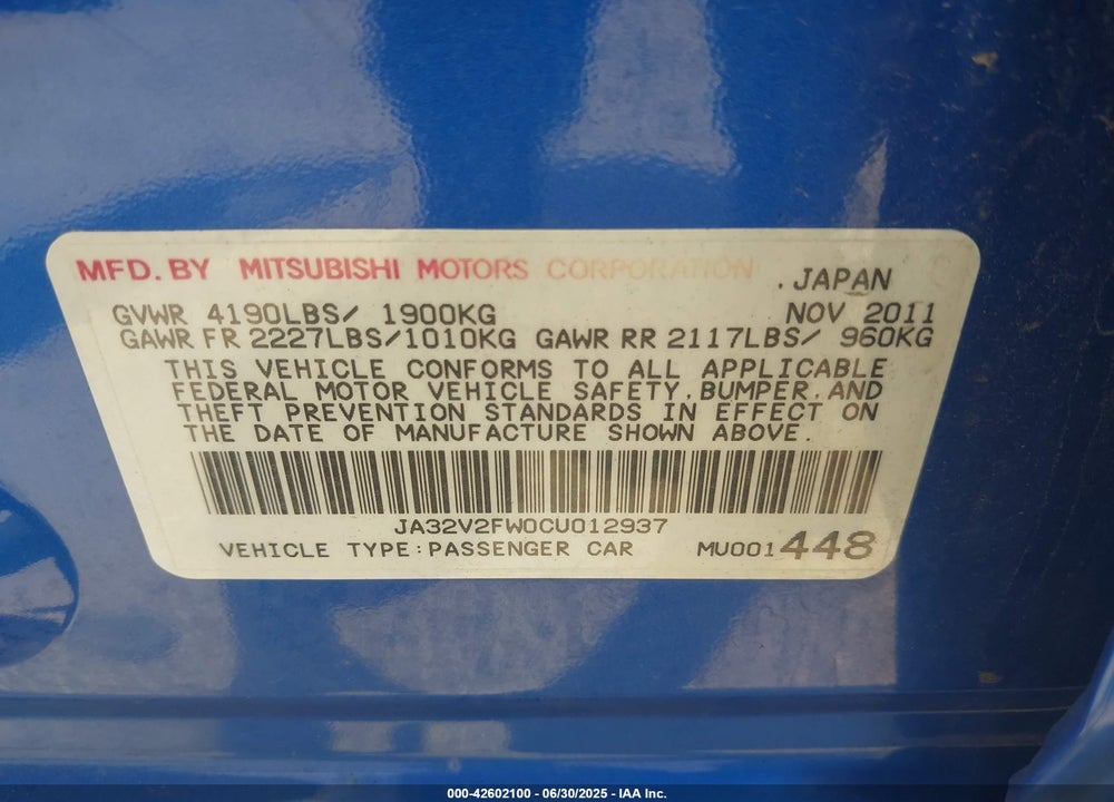 2012 MITSUBISHI LANCER VIN: JA32V2FW0CU012937
