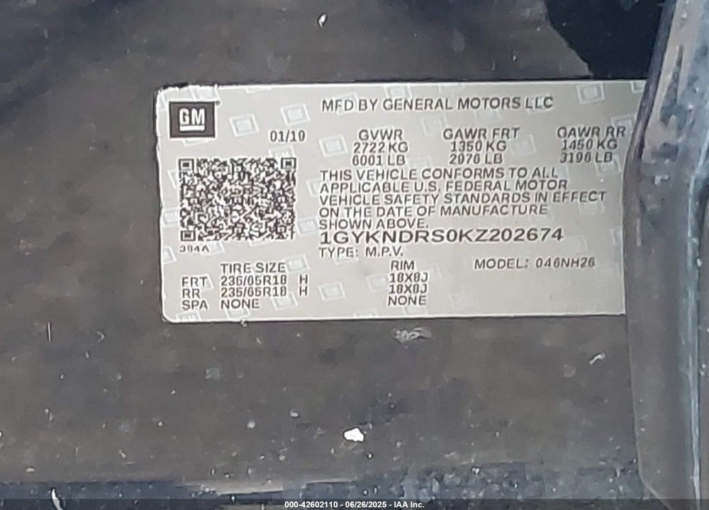 2019 CADILLAC XT5 VIN: 1GYKNDRS0KZ202674