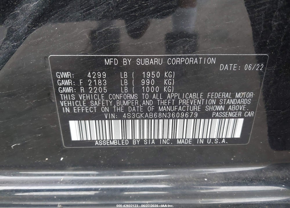 2022 SUBARU IMPREZA VIN: 4S3GKAB68N3609679