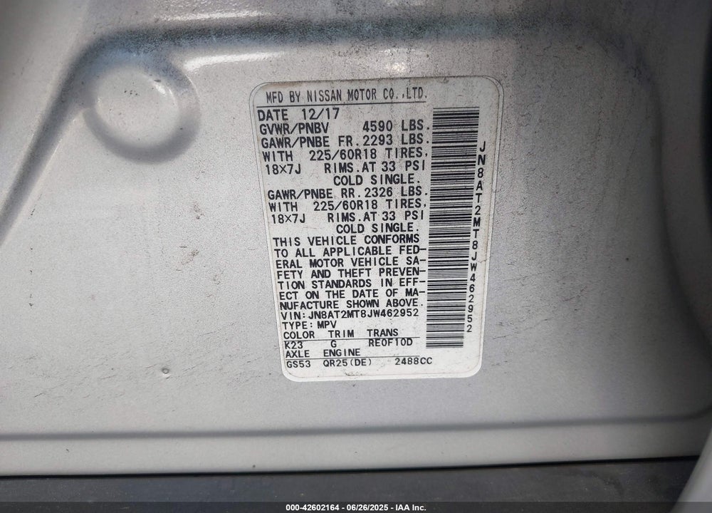 2018 NISSAN ROGUE VIN: JN8AT2MT8JW462952