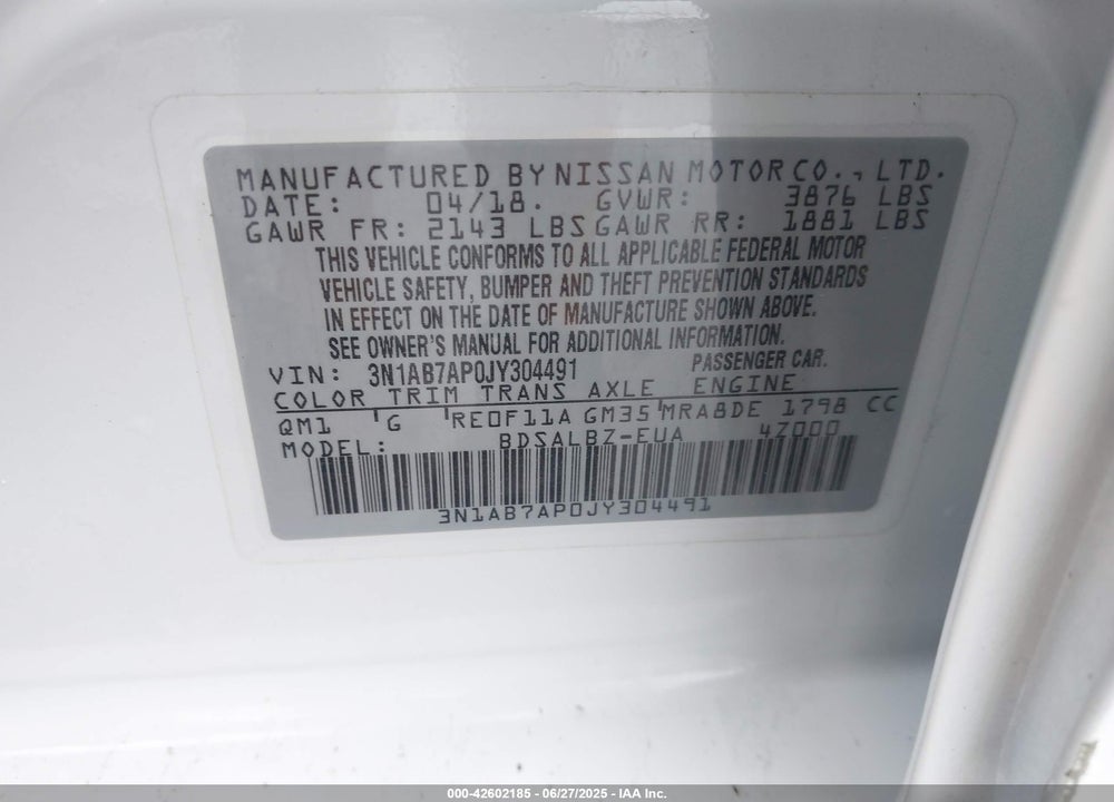 2018 NISSAN SENTRA S VIN: 3N1AB7AP0JY304491
